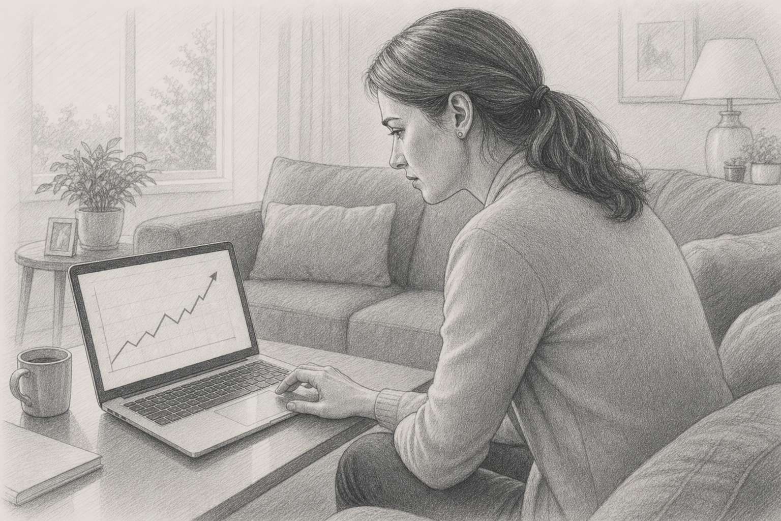 Woman reviewing a suspicious investment on her laptop at home