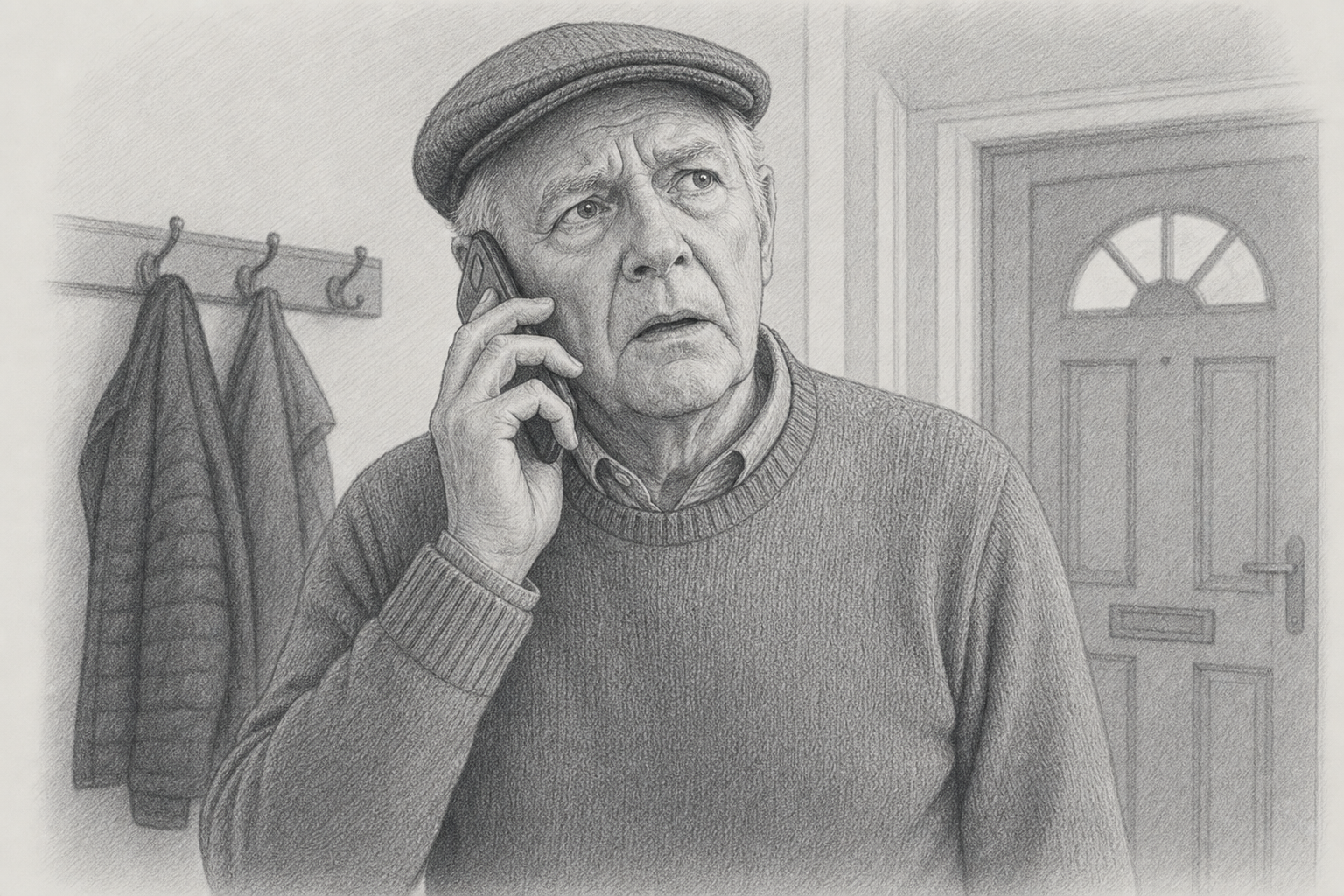 Elderly man on a suspicious phone call from someone impersonating a trusted contact