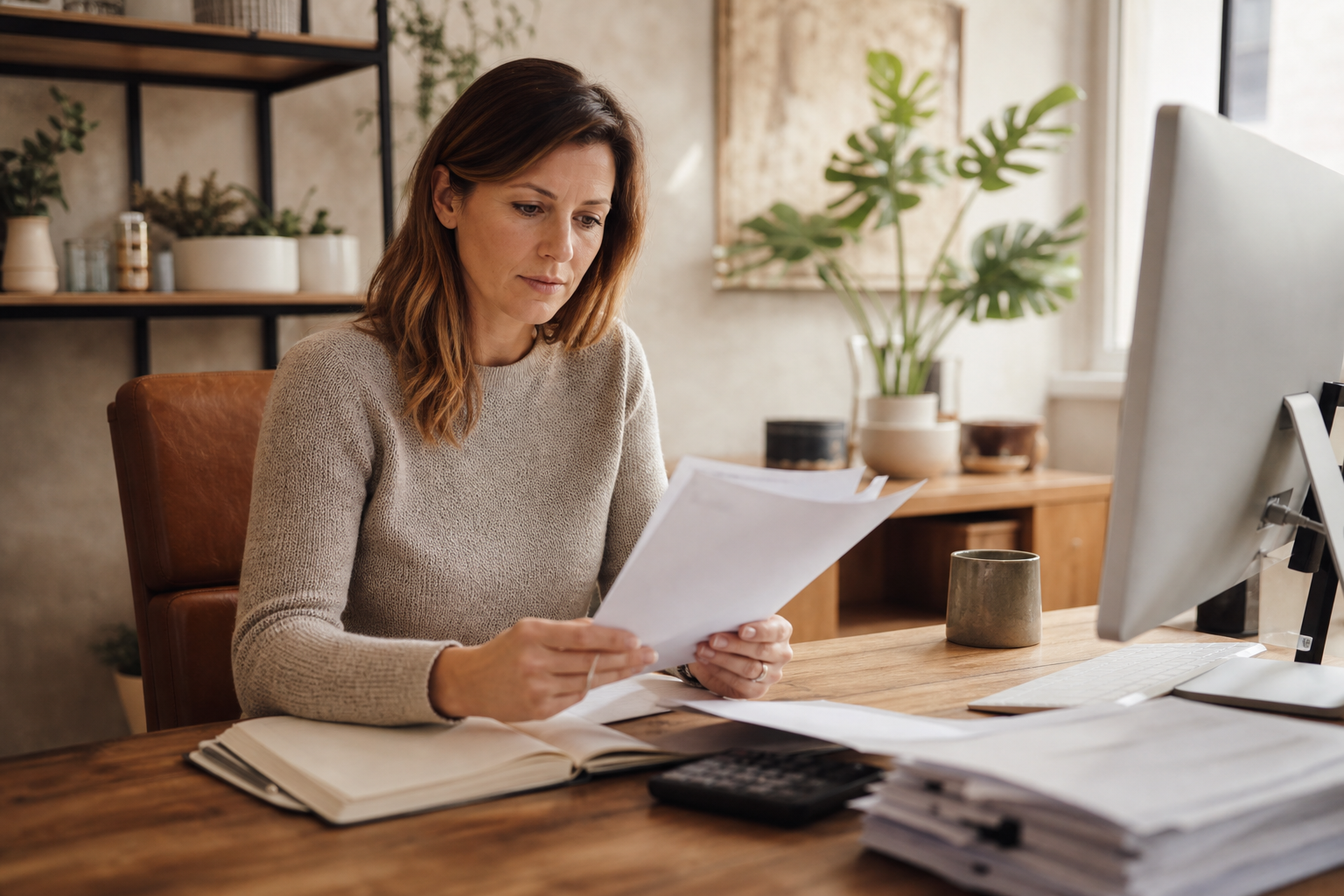Small business owner reviewing invoices and checking payment details