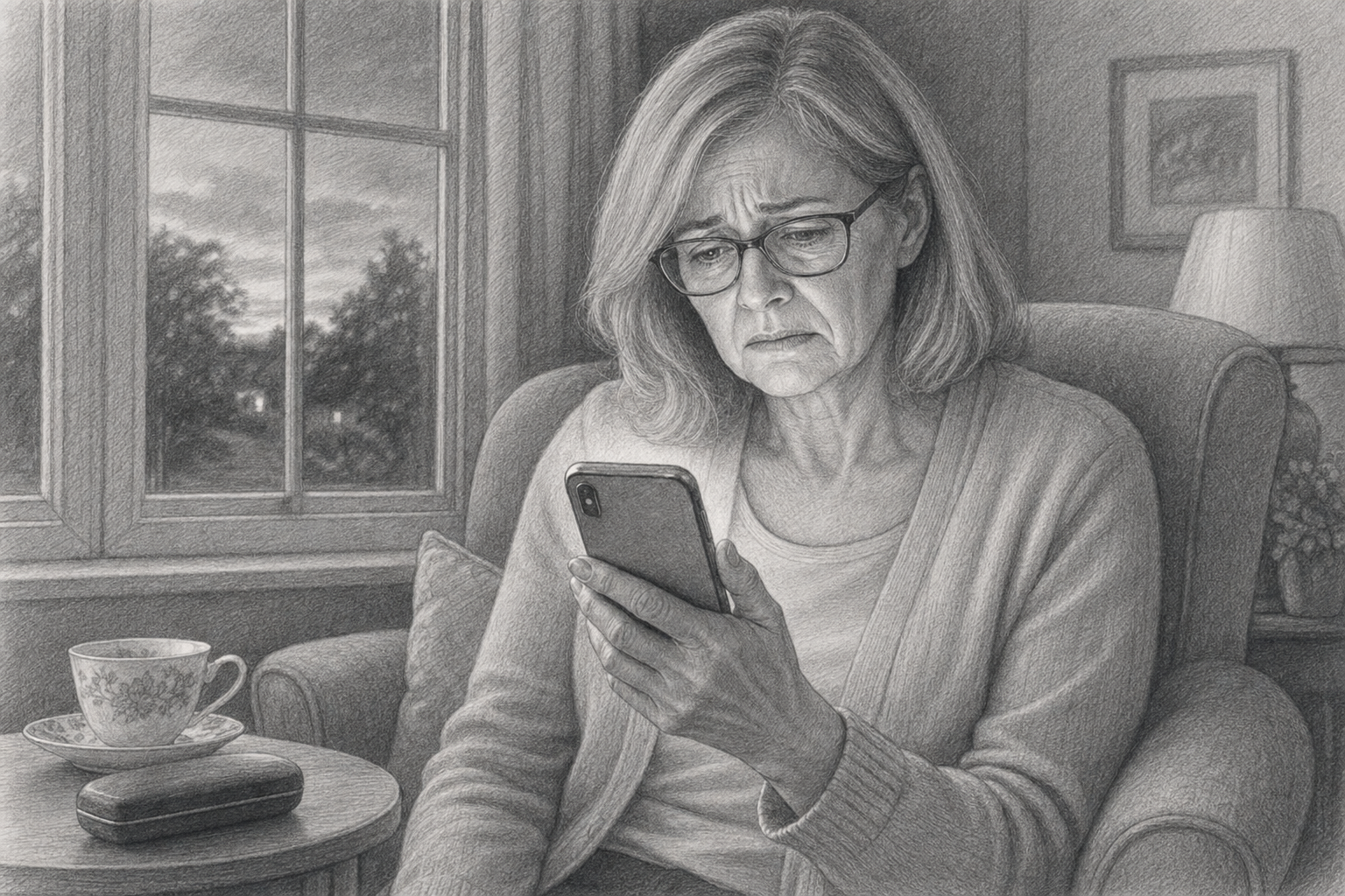 Older woman reading worrying messages from an online romance scam on her phone
